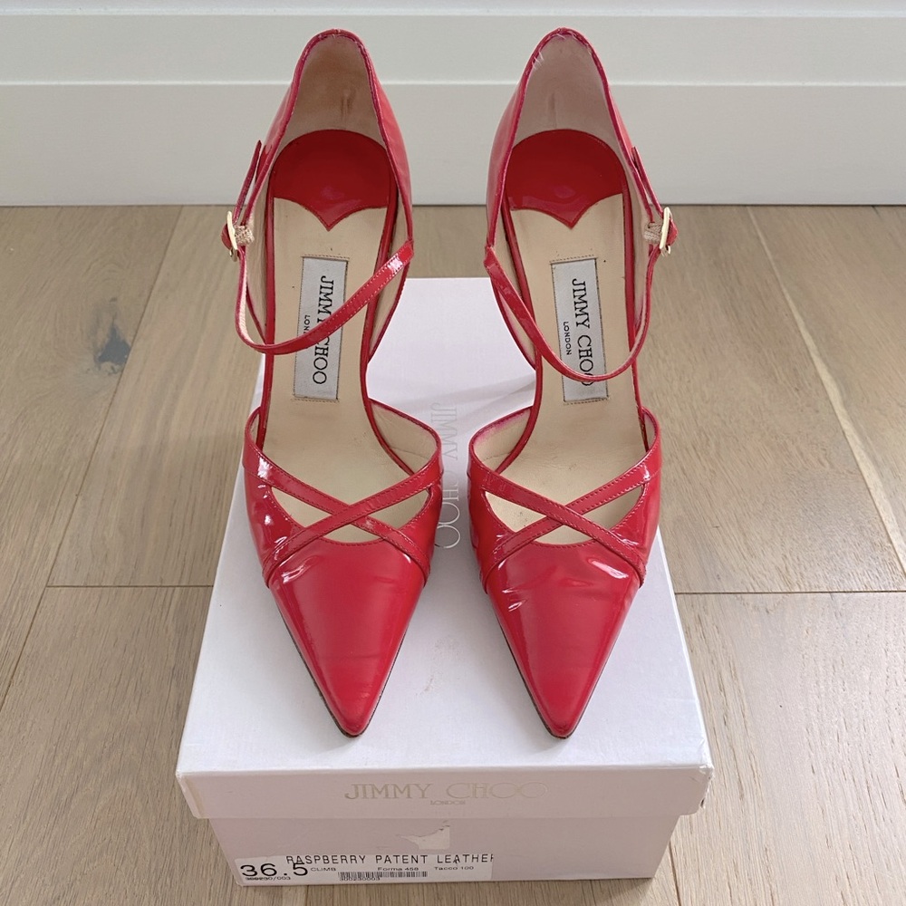 JIMMY CHOO Raspberry Patent Leather Pointed Toe Pumps 36.5 - Picture 2 of 16